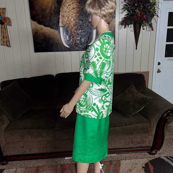Gene Roye • Vintage • Silk • Lime Green / White • Geometric • Size 12 • Dress - Picture 11 of 16